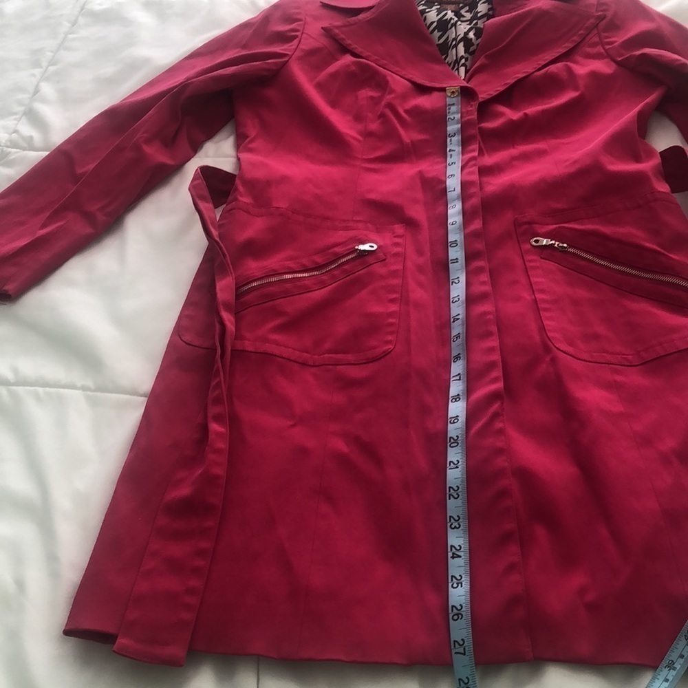 Bandolino Stretch rain trench coat in hot pink belt zipper pockets houndstooth - Picture 5 of 11